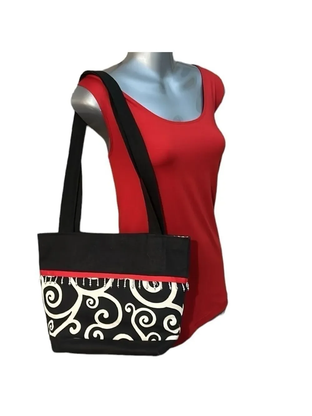 Black and White Fabric Shoulder Bag with Beads by Marty Bags